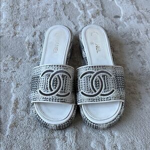 Chanel White & Black Slide Sandals